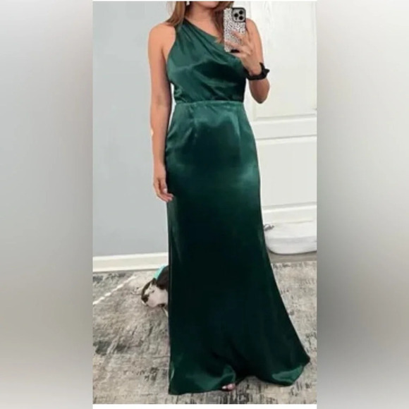 Lulus Satin One-Shoulder Maxi Dress w/Cutout Strap Skirt Emerald Green XL #0320 - Picture 3 of 6